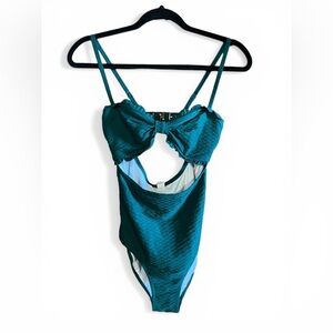 Charmo Teal One Piece Swimsuit Small Textured Ribbed Scalloped Cutout Retro